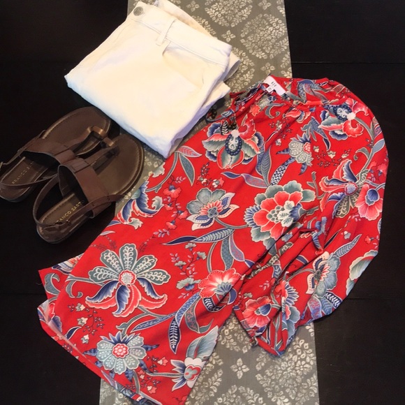 NSR Tops - [NSR] Tie Neck Red/ Blue Floral Lightweight Blouse